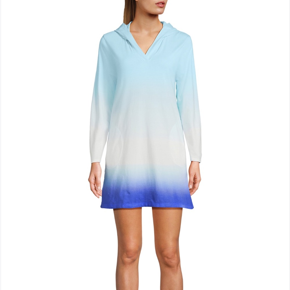 Lands' End Cotton Jersey Long Sleeve Hooded Swim Cover-up Dress Ombré, L (14/16)